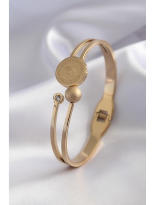 DS LLC 316L Çelik Gold Renk Çeyrek Altın Zirkon Taş Detay Kadın Kelepçe DSLLC-3245YU5