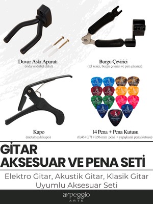 Arpeggio Arte Gitaristin Yol Arkadaşları Seti -  Kapo | Duvar Askısı | 3in1 Burgu Çevirici - Tel Kesici - Pim Çıkarıcı Aparat | 14 Renkli Pena (0,46MM, 0,71MM, 0,96MM)  - Gitar Aksesuar Seti