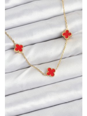 DS LLC 316L Çelik Zincir Gold Renk Kırmızı Baby Boy Yonca Kadın Kolye DSLLC-3245YU5