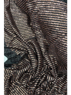 DS LLC Sakallı Çizgili Pullu Kumaş  Pullu Payet Kumaş Abiye Nişan Düğün Siyah Bakır DSLLC34-43TX