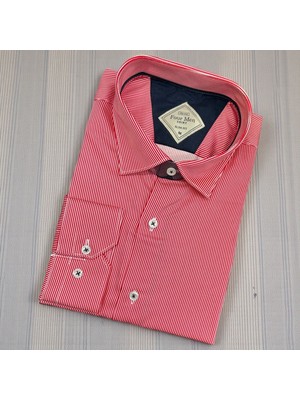 Eren Style Linen Uzun Kol Pamuklu Çizgili Yakası Gizli Düğmeli Gömlek (Slim Fit Kalıp)