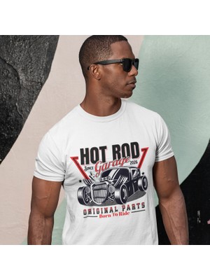 Tişört Kodu Hot Rod Garage Erkek Tişört – Born To Ride Vintage Araba Tasarımlı Beyaz T-Shirt