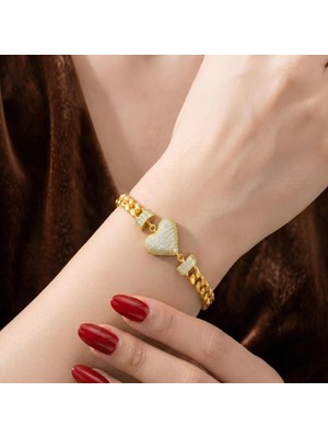 14K Altın Kaplama Işıltılı Zirkon Taşlı Kalp Figürlü Zincir Bileklik