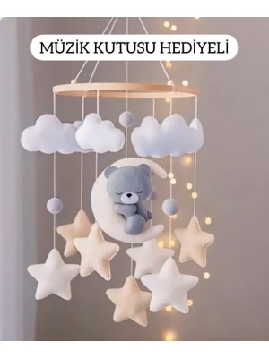 Trendmetfiq El Yapımı Keçe Ayıcık Ay Bulut Yıldız Bebek Odası Dönence | Doğal Ahşap Halkalı, Beşik & Tavan Uyumlu Premium Bebek Mobilyası