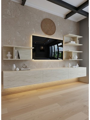 Online Fırsat Mutlu Ol Mutlu Kal Resital Ledli Duvara Monte Tv Sehpası - Traverten - W6011-8