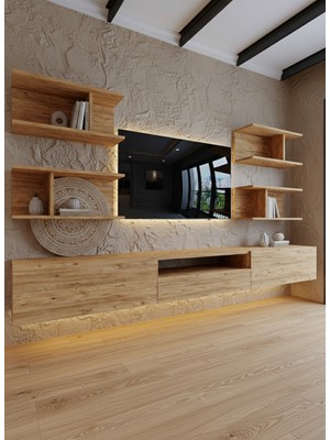 Online Fırsat Mutlu Ol Mutlu Kal Resital Ledli Duvara Monte Tv Sehpası - Çam - W6013-6