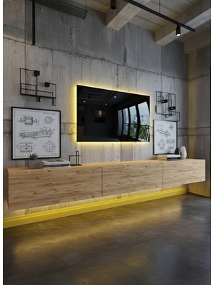 Online Fırsat Mutlu Ol Mutlu Kal Resital Ledli Duvara Monte Tv Sehpası - Çam - W6008-6