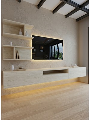 Online Fırsat Mutlu Ol Mutlu Kal Resital Ledli Duvara Monte Tv Sehpası - Traverten - W6015-8