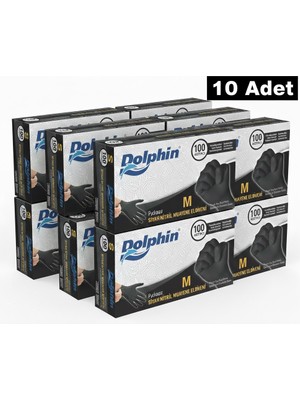 Dolphin Pudrasız Siyah Nitril Muayene Eldiven - 10 Kutu - M Beden - Kutuda 100 Adet