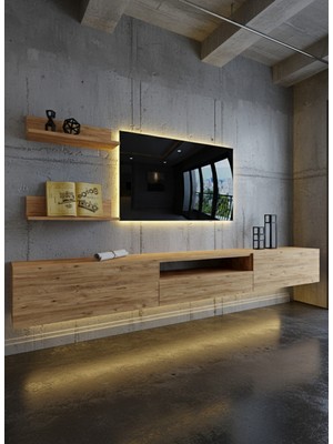 Online Fırsat Mutlu Ol Mutlu Kal Resital Ledli Duvara Monte Tv Sehpası - Çam - W6019-6