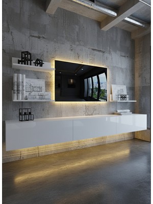 Online Fırsat Mutlu Ol Mutlu Kal Resital Ledli Duvara Monte Tv Sehpası - Beyaz - W6021-1