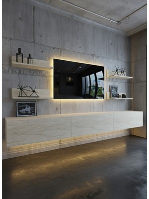 Online Fırsat Mutlu Ol Mutlu Kal Resital Ledli Duvara Monte Tv Sehpası - Traverten - W6020-8