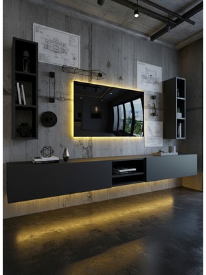 Online Fırsat Mutlu Ol Mutlu Kal Resital Ledli Duvara Monte Tv Sehpası - Antrasit - W6002-4