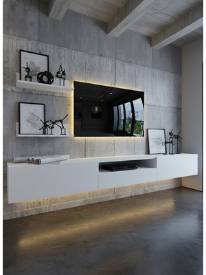 Online Fırsat Mutlu Ol Mutlu Kal Resital Ledli Duvara Monte Tv Sehpası - Beyaz - W6019-1