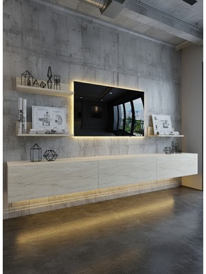 Online Fırsat Mutlu Ol Mutlu Kal Resital Ledli Duvara Monte Tv Sehpası - Traverten - W6021-8