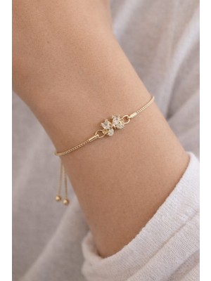 Dasemura Kadın Altın - Sarı Zirkon Taşlı Kelebek Model Asansörlü Halkalı Boncuklu Bileklik Ayarlanabilir