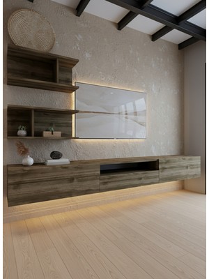 Online Fırsat Mutlu Ol Mutlu Kal Resital Ledli Duvara Monte Tv Sehpası - Ceviz - W6015-2