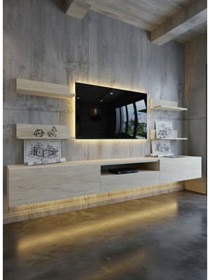 Online Fırsat Mutlu Ol Mutlu Kal Resital Ledli Duvara Monte Tv Sehpası - Traverten - W6017-8