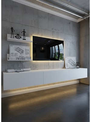 Online Fırsat Mutlu Ol Mutlu Kal Resital Ledli Duvara Monte Tv Sehpası - Beyaz - W6022-1