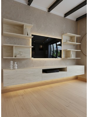 Online Fırsat Mutlu Ol Mutlu Kal Resital Ledli Duvara Monte Tv Sehpası - Traverten - W6013-8