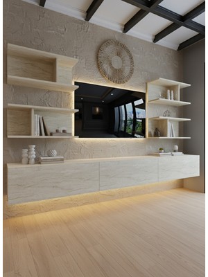 Online Fırsat Mutlu Ol Mutlu Kal Resital Ledli Duvara Monte Tv Sehpası - Traverten - W6010-8