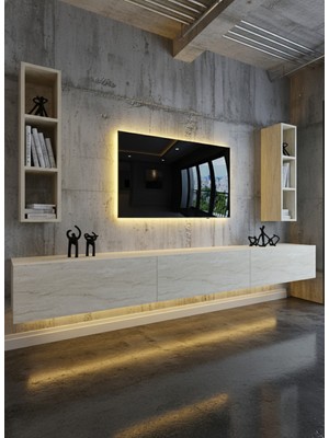 Online Fırsat Mutlu Ol Mutlu Kal Resital Ledli Duvara Monte Tv Sehpası - Traverten - W6007-8