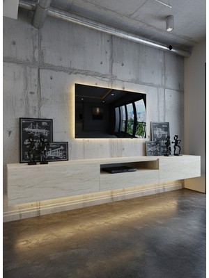 Online Fırsat Mutlu Ol Mutlu Kal Resital Ledli Duvara Monte Tv Sehpası - Traverten - W6016-8