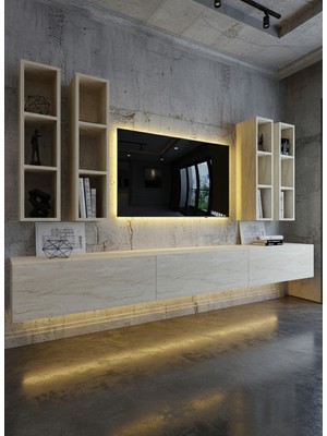 Online Fırsat Mutlu Ol Mutlu Kal Resital Ledli Duvara Monte Tv Sehpası - Traverten - W6005-8