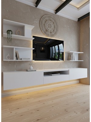 Online Fırsat Mutlu Ol Mutlu Kal Resital Ledli Duvara Monte Tv Sehpası - Beyaz - W6014-1