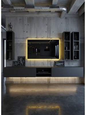 Online Fırsat Mutlu Ol Mutlu Kal Resital Ledli Duvara Monte Tv Sehpası - Antrasit - W6003-4