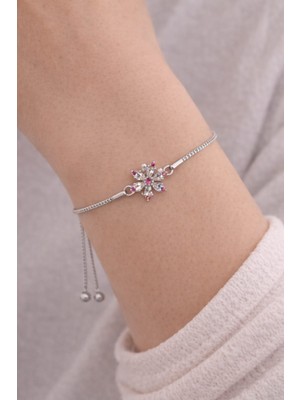 Dasemura Kadın Gümüş Zirkon Taşlı Lotus Çiçeği Asansörlü Halkalı Boncuklu Bileklik Ayarlanabilir