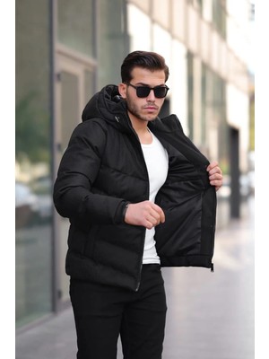 Erkek Siyah Kapüşonlu Balıksırtı Dokulu Şişme Mont