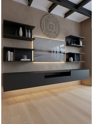 Online Fırsat Mutlu Ol Mutlu Kal Resital Ledli Duvara Monte Tv Sehpası - Antrasit - W6013-4