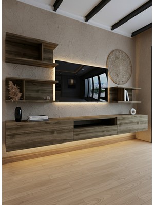 Online Fırsat Mutlu Ol Mutlu Kal Resital Ledli Duvara Monte Tv Sehpası - Ceviz - W6014-2