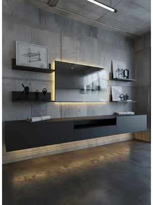 Online Fırsat Mutlu Ol Mutlu Kal Resital Ledli Duvara Monte Tv Sehpası - Antrasit - W6017-4