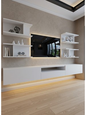 Online Fırsat Mutlu Ol Mutlu Kal Resital Ledli Duvara Monte Tv Sehpası - Beyaz - W6013-1