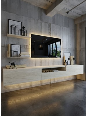 Online Fırsat Mutlu Ol Mutlu Kal Resital Ledli Duvara Monte Tv Sehpası - Traverten - W6019-8