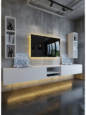 Online Fırsat Mutlu Ol Mutlu Kal Resital Ledli Duvara Monte Tv Sehpası - Beyaz - W6002-1