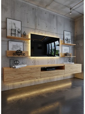 Online Fırsat Mutlu Ol Mutlu Kal Resital Ledli Duvara Monte Tv Sehpası - Çam - W6017-6