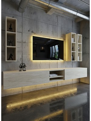 Online Fırsat Mutlu Ol Mutlu Kal Resital Ledli Duvara Monte Tv Sehpası - Traverten - W6003-8