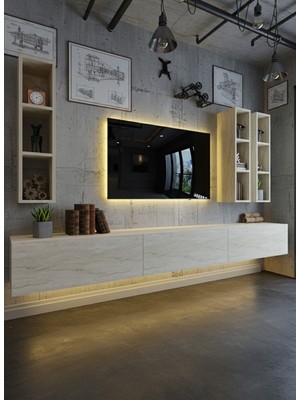 Online Fırsat Mutlu Ol Mutlu Kal Resital Ledli Duvara Monte Tv Sehpası - Traverten - W6006-8