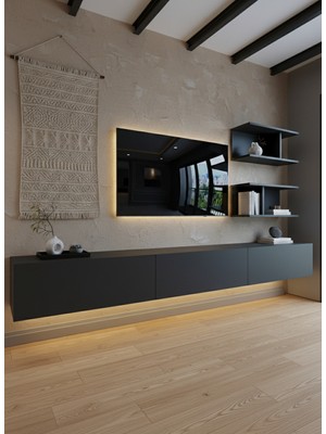 Online Fırsat Mutlu Ol Mutlu Kal Resital Ledli Duvara Monte Tv Sehpası - Antrasit - W6012-4