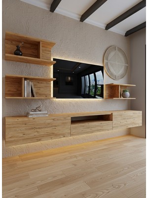 Online Fırsat Mutlu Ol Mutlu Kal Resital Ledli Duvara Monte Tv Sehpası - Çam - W6014-6