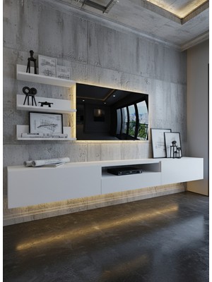 Online Fırsat Mutlu Ol Mutlu Kal Resital Ledli Duvara Monte Tv Sehpası - Beyaz - W6018-1