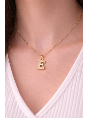 Dasemura 316L Çelik Gold Renk Zirkon Taşlı Harf Kolye - Kişiye Özel Isim Baş Harfli Zincir - E Harfi