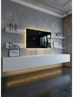 Online Fırsat Mutlu Ol Mutlu Kal Resital Ledli Duvara Monte Tv Sehpası - Beyaz - W6020-1