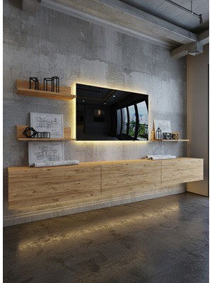 Online Fırsat Mutlu Ol Mutlu Kal Resital Ledli Duvara Monte Tv Sehpası - Çam - W6021-6