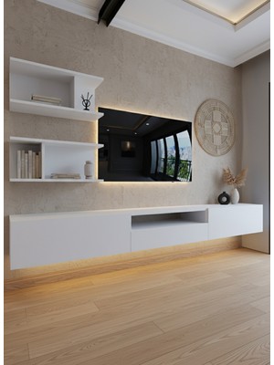 Online Fırsat Mutlu Ol Mutlu Kal Resital Ledli Duvara Monte Tv Sehpası - Beyaz - W6015-1