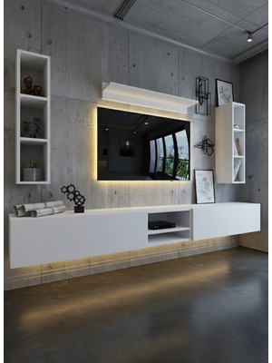 Online Fırsat Mutlu Ol Mutlu Kal Resital Ledli Duvara Monte Tv Sehpası - Beyaz - W6001-1