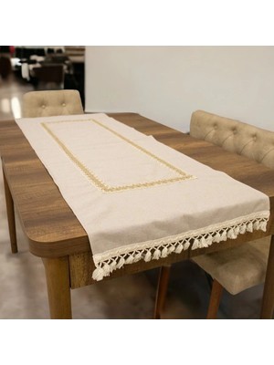 NDC Home Keten Bej Renk Jüt Dantel Ponponlu Runner 50 x 150